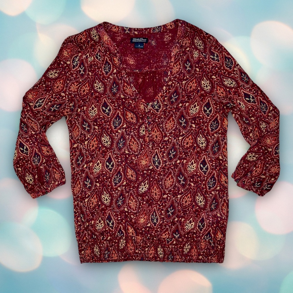 Lucky Brand Women’s Burgundy Smocked Boho V-Neck 3/4 Sleeve Blouse Top Size S - Picture 2 of 5